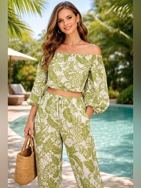 Rachel Zoe Off-Shoulder Two-Piece Set - Green Floral Women Pants Top size Medium